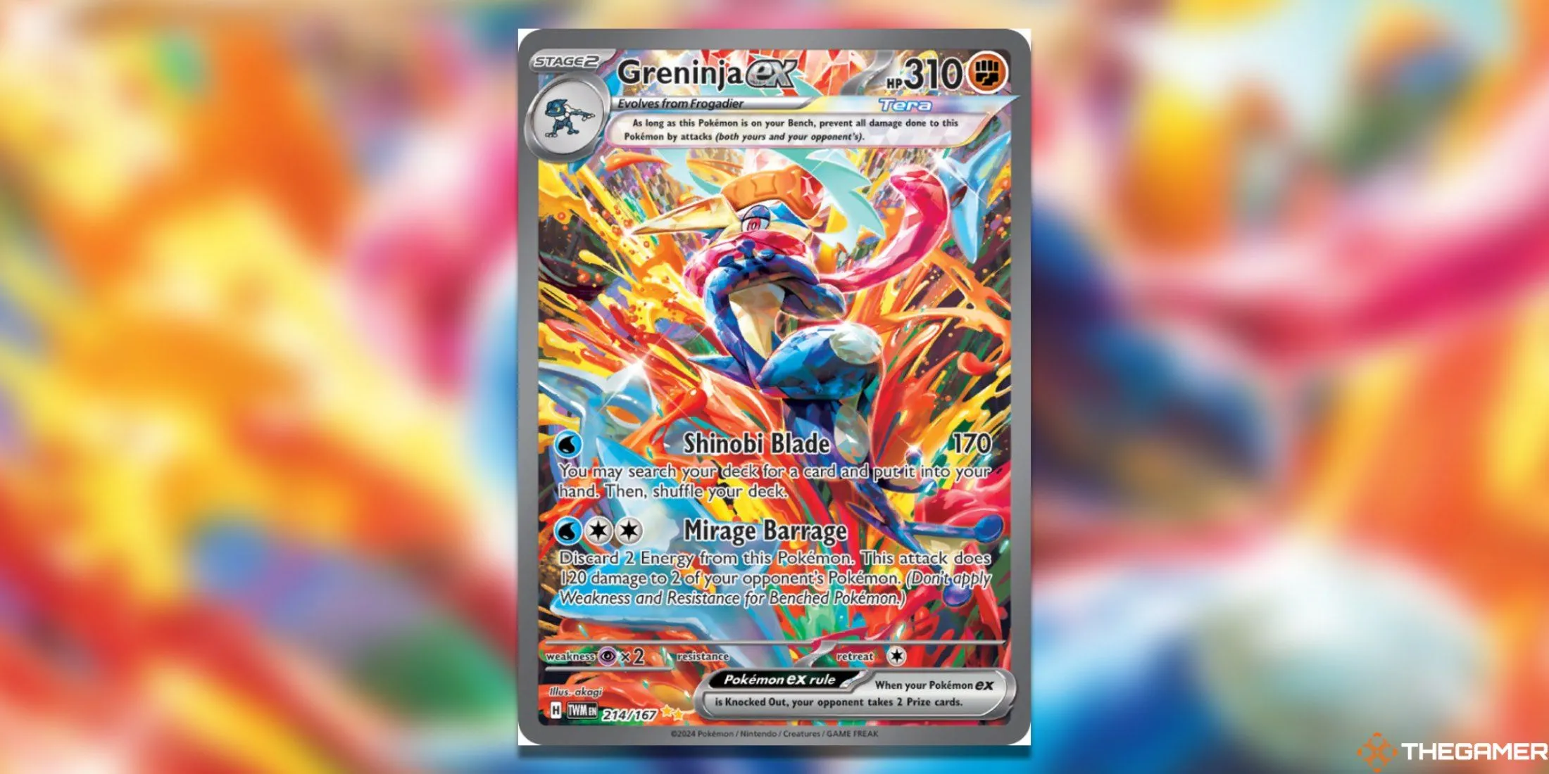 Thẻ bài Pokemon TCG Greninja ex Special Illustration Rare từ Twilight Masquerade, Greninja trong tư thế chiến đấu mạnh mẽ.