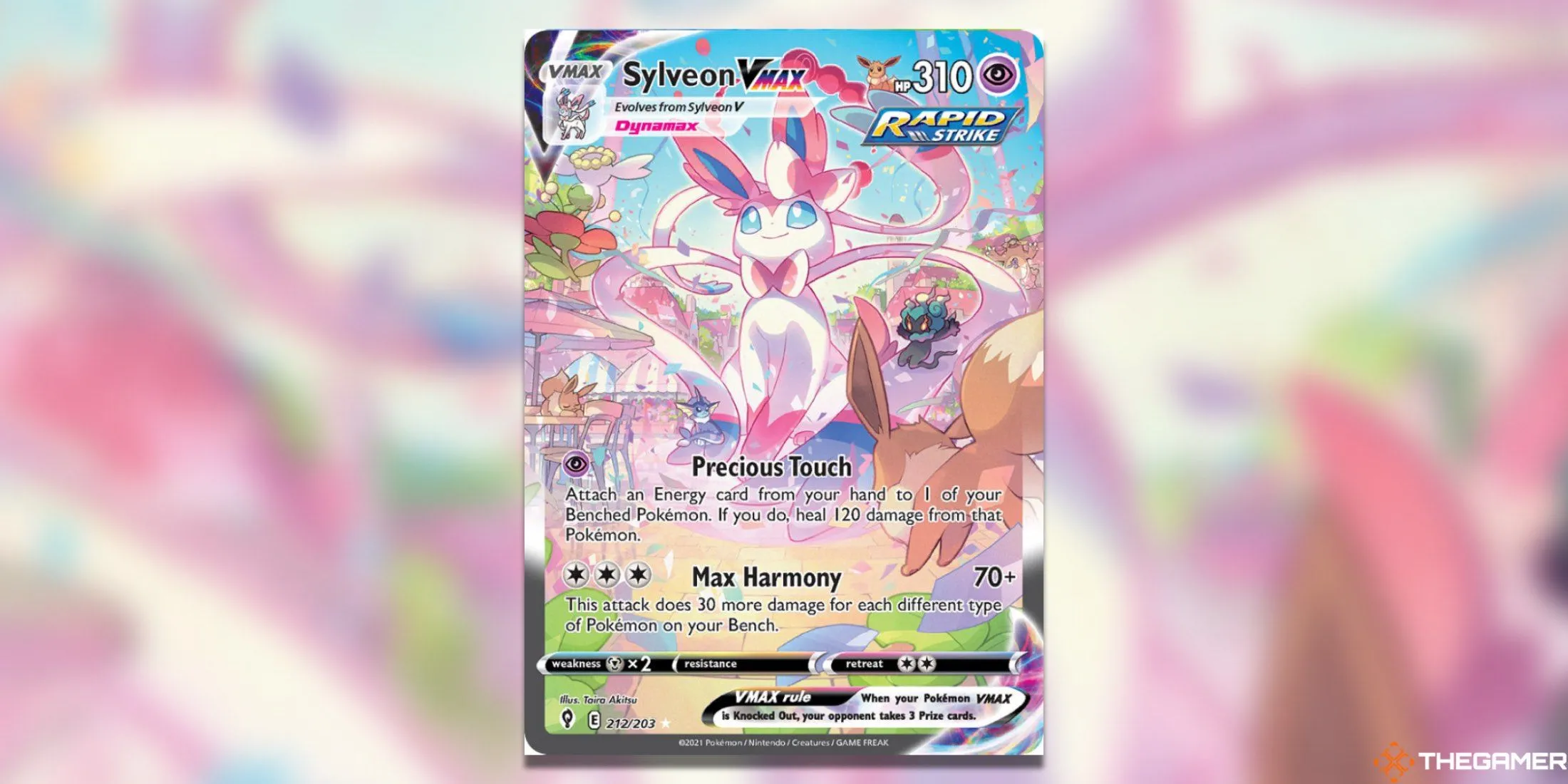 Thẻ bài Pokemon TCG Sylveon VMAX Alternate Art Secret từ bộ Evolving Skies, Sylveon bay cùng nhiều Pokemon nhỏ khác.
