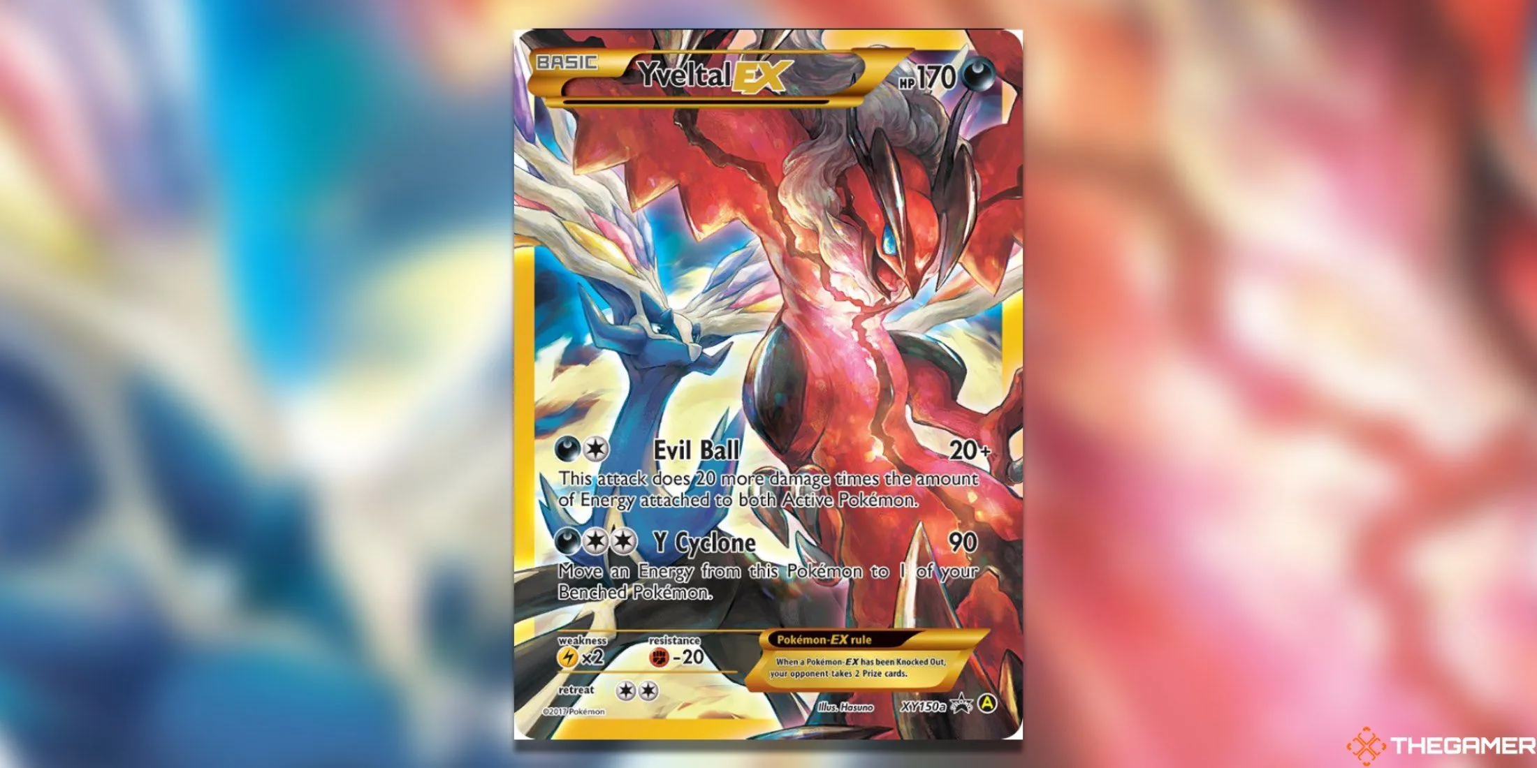 Thẻ bài Pokemon TCG Yveltal EX Alternate Art Promo với Yveltal cùng Xerneas bay lượn trên bầu trời đen tối.