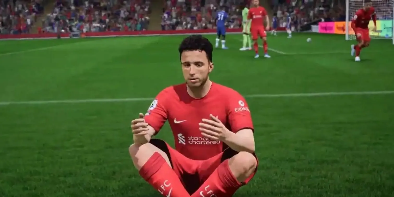 Tiền đạo Diogo Jota thực hiện màn ăn mừng đặc trưng sau khi ghi bàn trong FIFA 23, gợi nhắc câu chuyện tôn vinh anh trong EA FC 26 Career Mode.