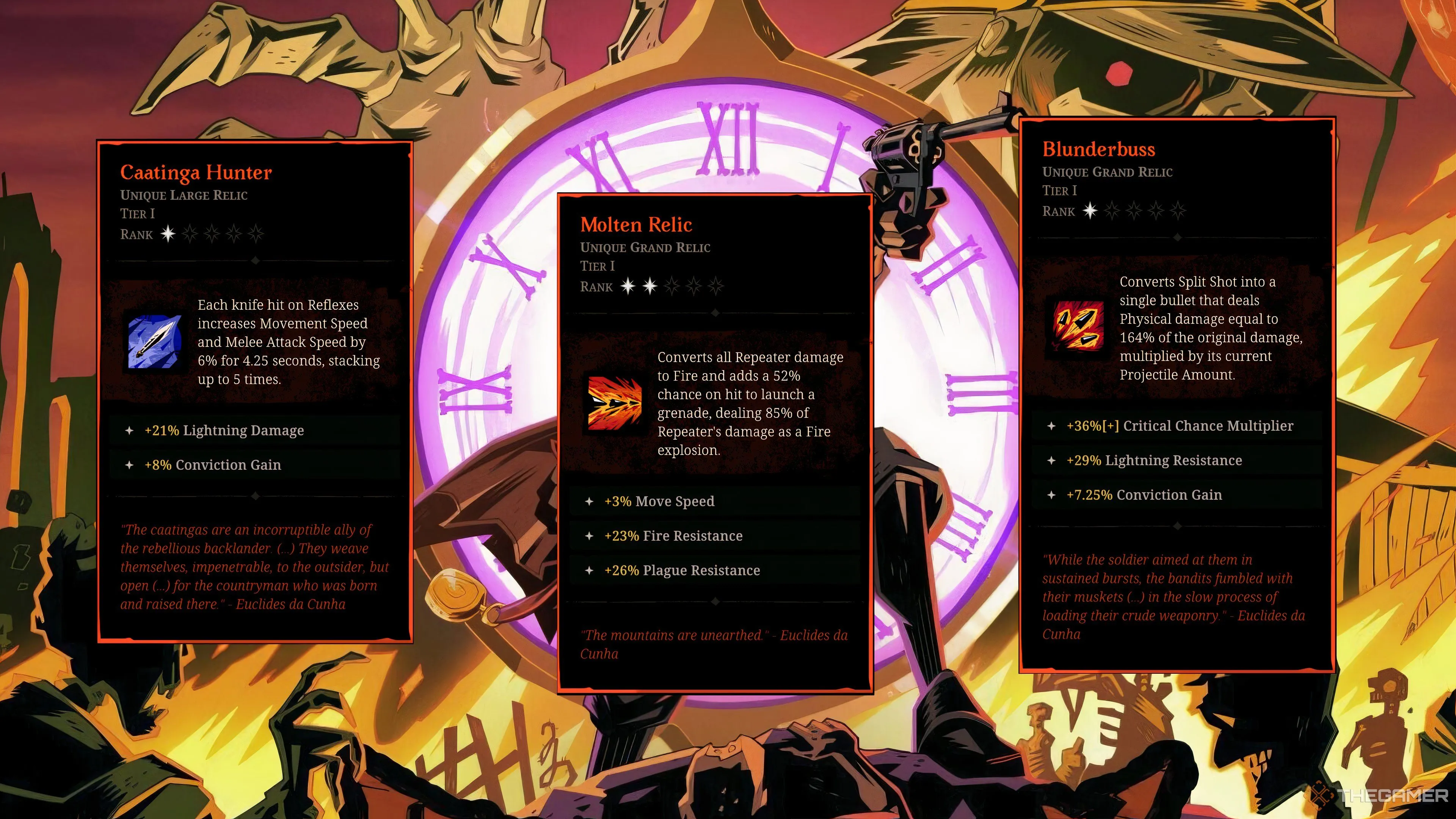 Tổng hợp các di vật cấp A hiệu quả: Caatinga Hunter, Molten Relic và Blunderbuss của Hell Clock.
