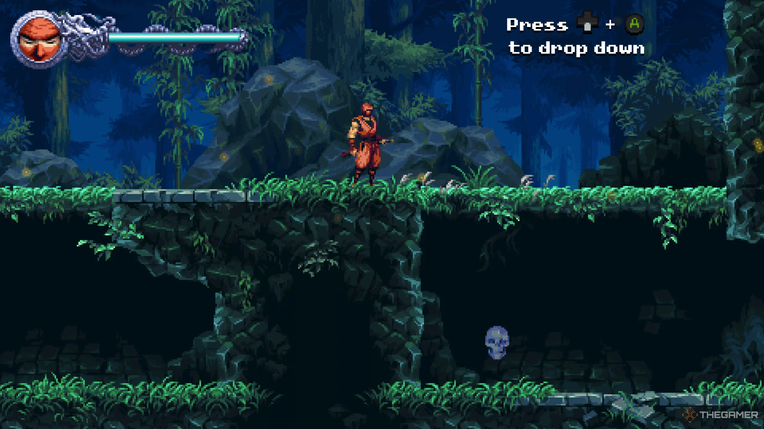 Vị trí Sọ Pha Lê đầu tiên của màn P1 - The Tragic Duel trong Ninja Gaiden: Ragebound, nằm gần lối hướng dẫn nhảy xuống.