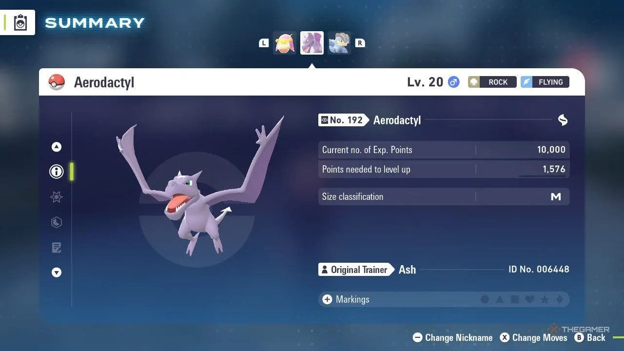 Aerodactyl trong menu Pokémon Legends: Z-A, minh họa dáng bay và chiêu Wing Attack