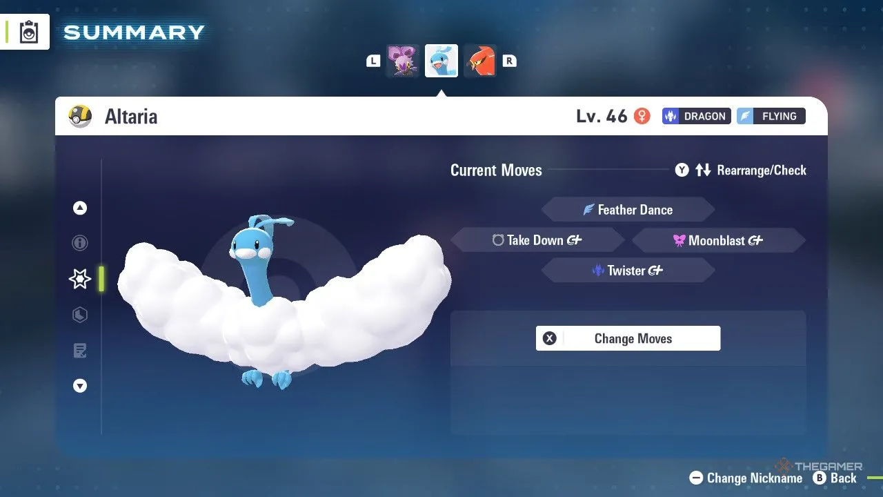 Altaria trong menu Pokémon Legends: Z-A, thể hiện thiết kế mềm mại và khả năng kháng điện nhờ hệ Rồng