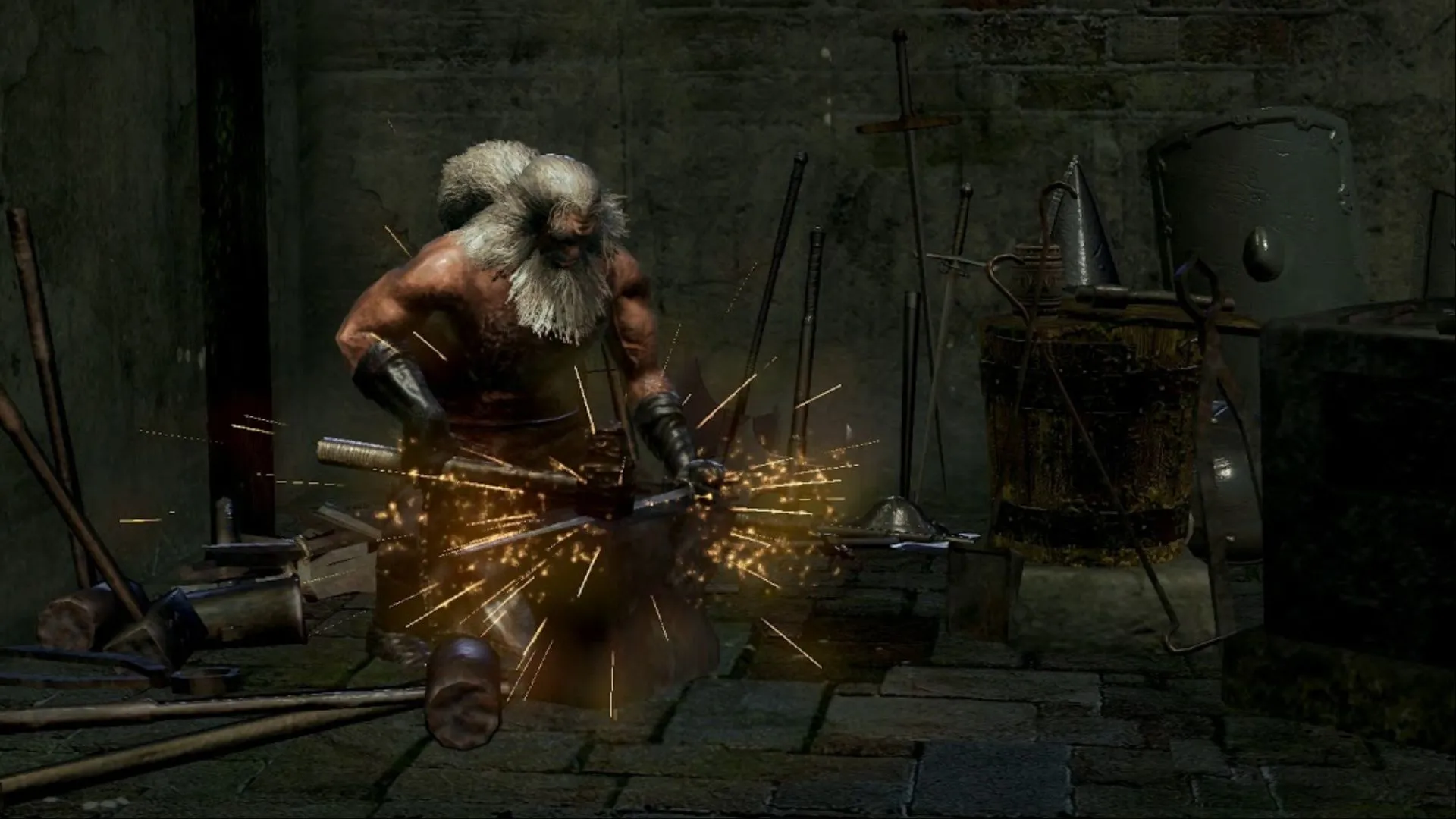 Andre of Astora đang rèn vũ khí, khoảnh khắc dễ khiến người chơi thử đòn và gây họa