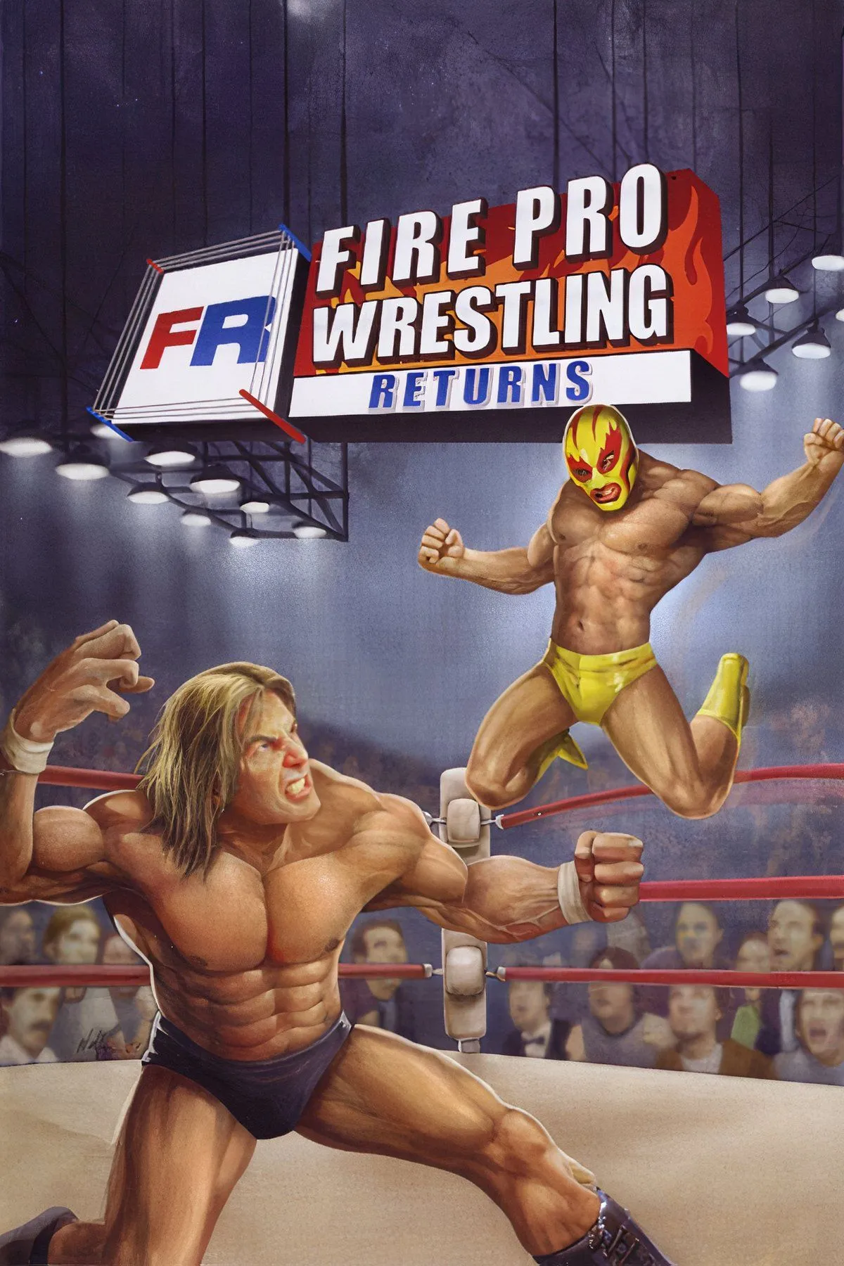 Ảnh bìa Fire Pro Wrestling Returns, tượng trưng cho roster đồ sộ với hàng trăm nhân vật có thể chơi được