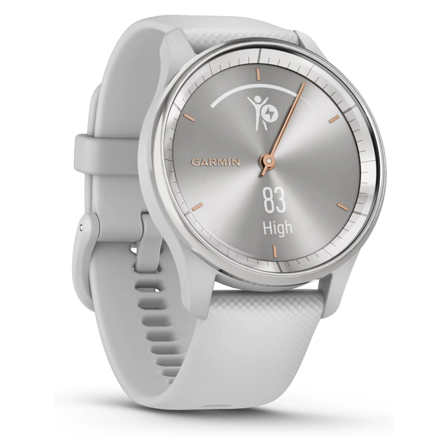 Ảnh cận cảnh Garmin Vivomove Trend với mặt đồng hồ analog và mặt ẩn kỹ thuật số