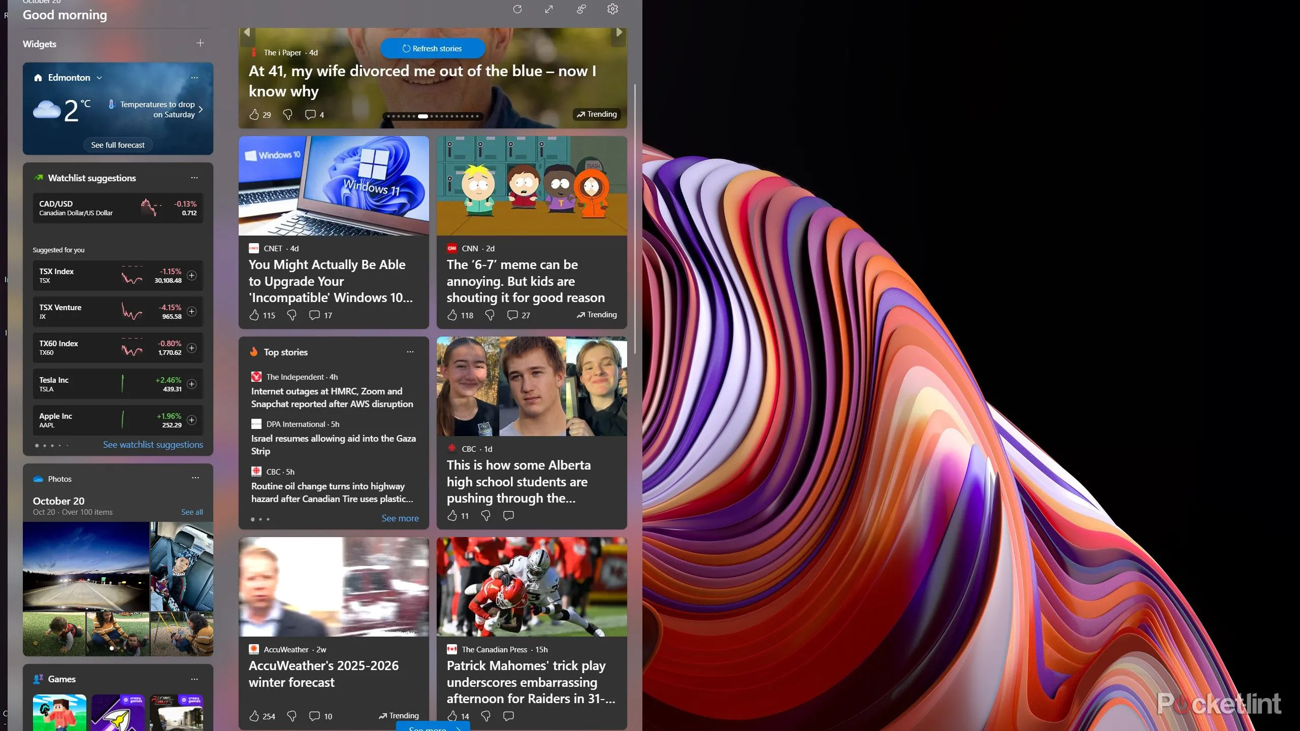 Bảng Widgets của Windows 11 hiển thị tin tức, thời tiết và nội dung Microsoft Store