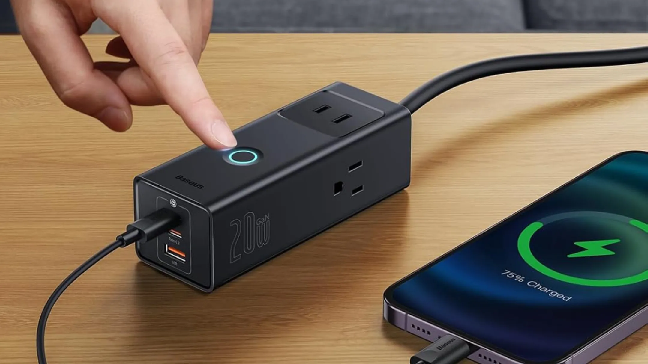 Baseus Power Strip 1200J đang kết nối với điện thoại và phụ kiện, phù hợp cho góc làm việc và góc game nhỏ