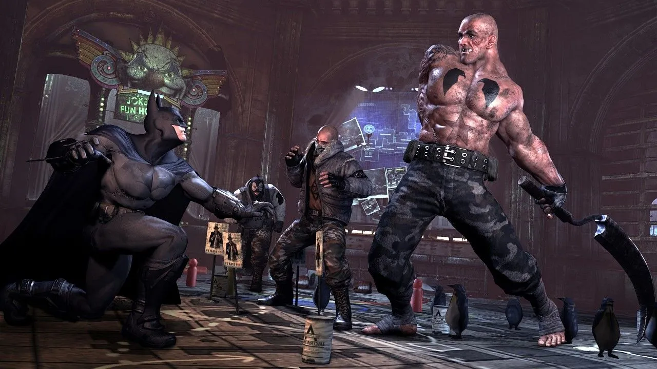 Batman đối mặt với nhiều tên côn đồ trong Batman Arkham City, thể hiện combat nhịp điệu và kỹ năng counter