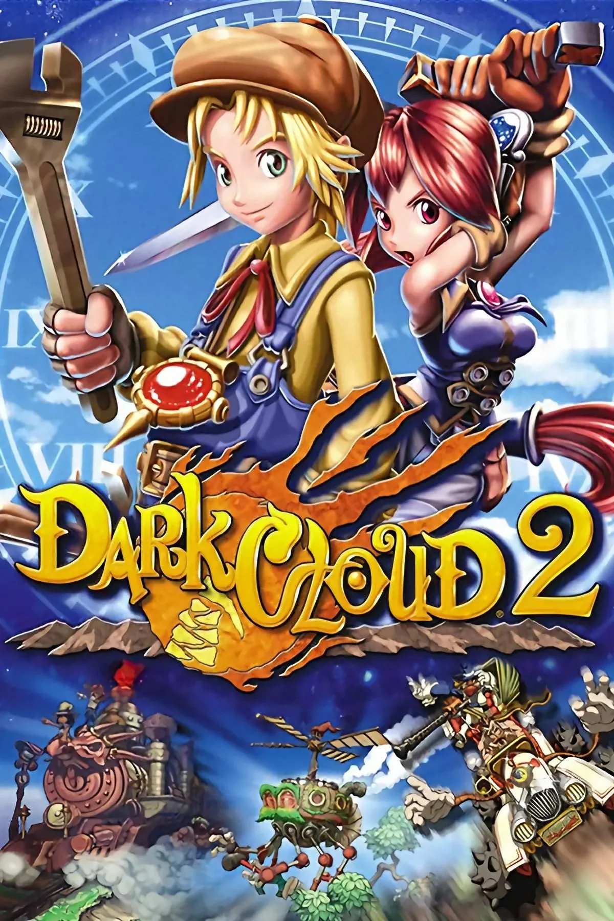 Bìa Dark Cloud 2 thể hiện phong cách JRPG pha lẫn hành động và xây dựng làng