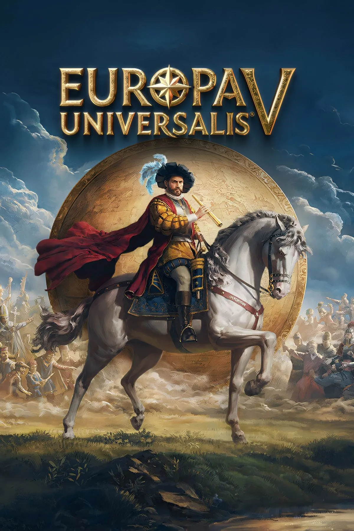 Bìa Europa Universalis V, bản đồ lịch sử và biểu tượng grand strategy với các yếu tố ngoại giao và quân sự