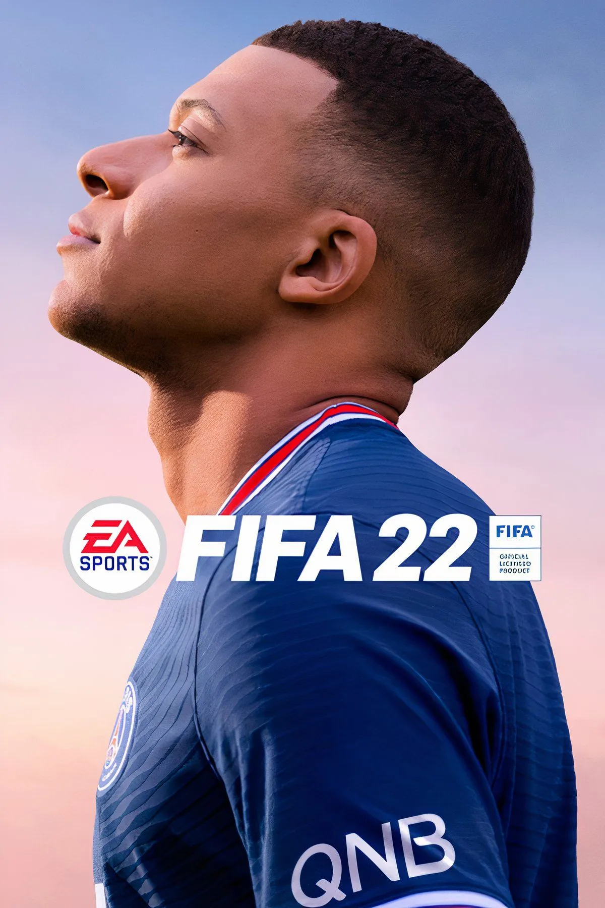 Bìa FIFA 22 với hình cầu thủ và chiếc áo đội bóng nổi bật
