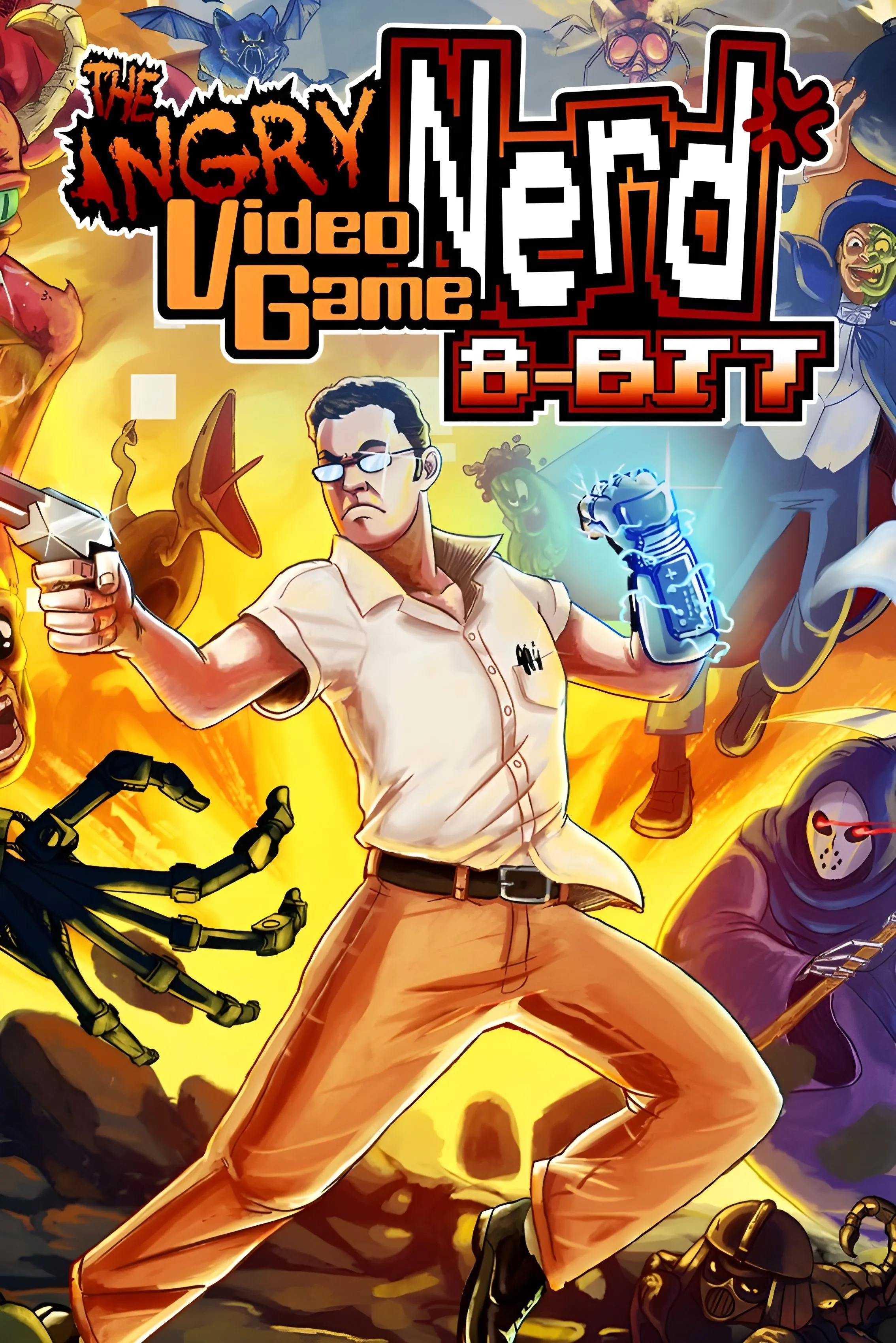 Bìa trò chơi Angry Video Game Nerd 8-Bit, tông pixel và hoài niệm NES