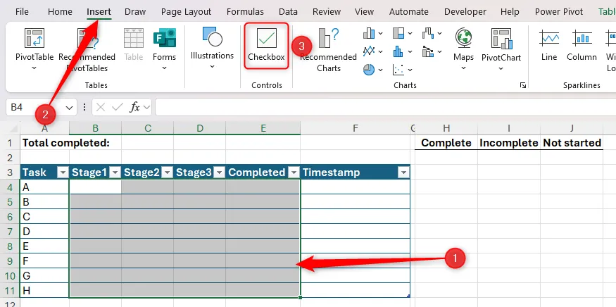 Các ô trong bảng Excel được chọn và mục Checkbox trong tab Insert được đánh dấu.