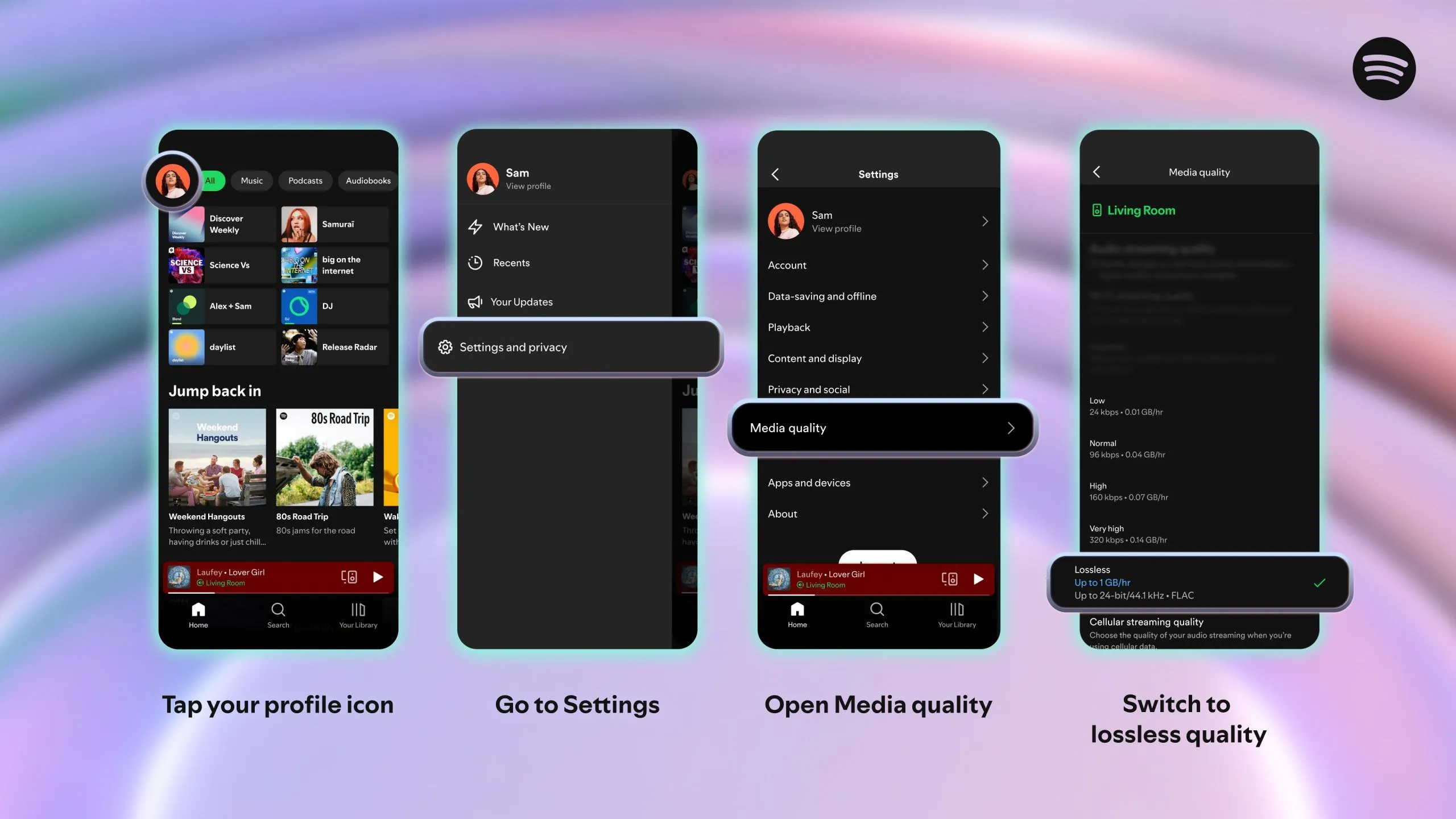 Cài đặt âm thanh Lossless trên Spotify, minh họa cho việc bật cấu hình cao hơn trong app