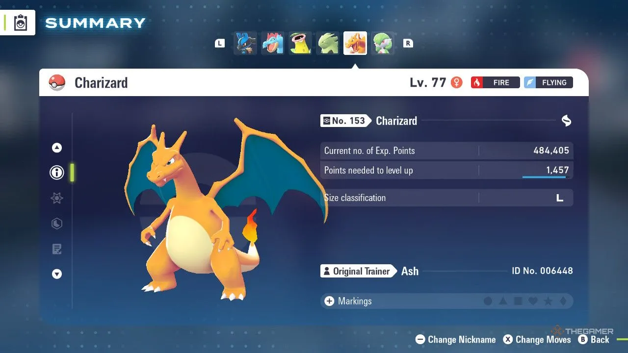 Charizard trong menu Pokémon Legends: Z-A, minh họa sự biến đổi mạnh mẽ khi tiến hóa và Mega Evolution