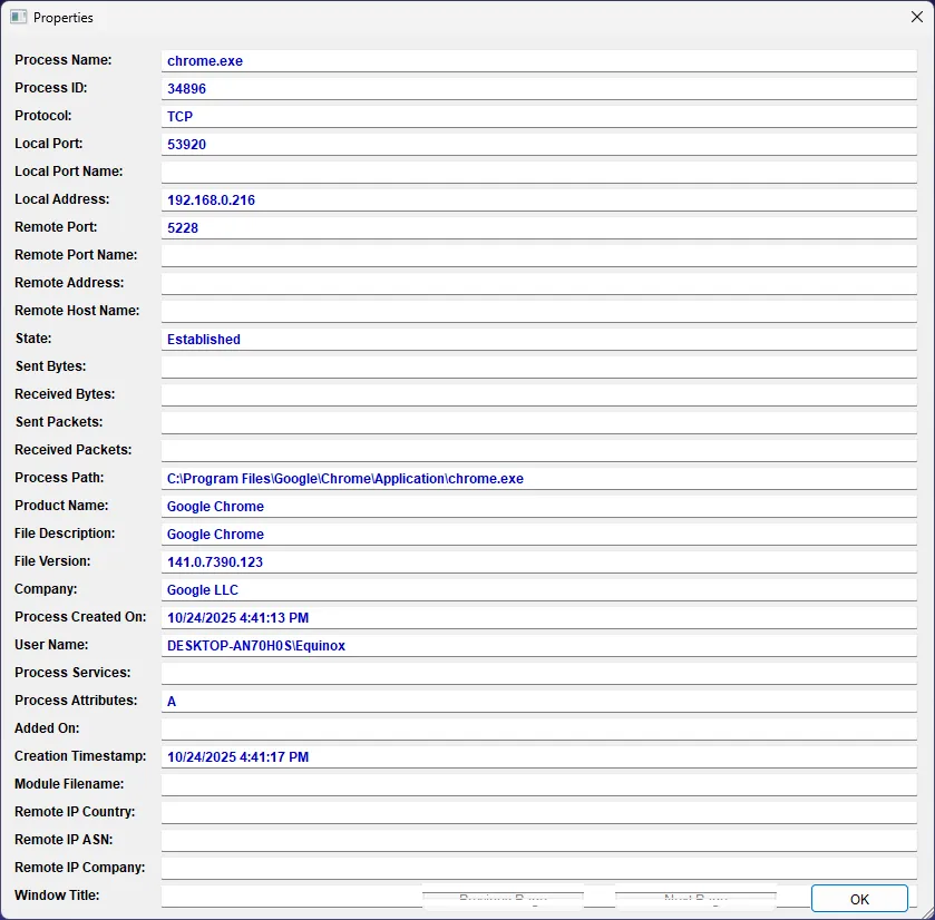 Chi tiết tiến trình trong CurrPorts, hữu ích khi dò port cho server game