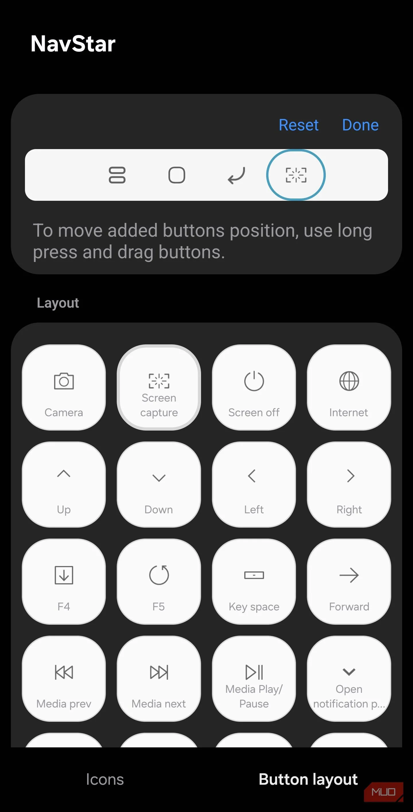 Chọn Screen capture trong danh sách nút của NavStar để thêm vào layout
