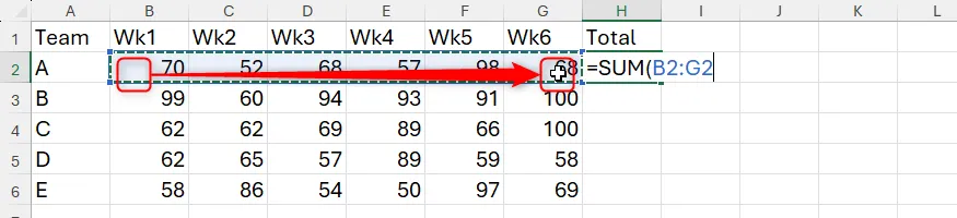 Chọn vùng ô bằng chuột để tạo tham chiếu trong công thức Excel, hữu ích cho bảng điểm playtest.