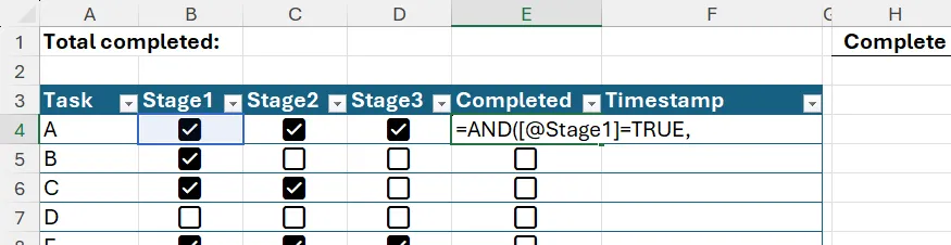 Công thức AND kiểm tra ô Stage1 trong bảng bằng structured reference.