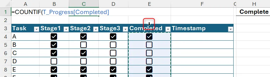 Công thức COUNTIF tham chiếu structured reference đến cột Completed trong Table.
