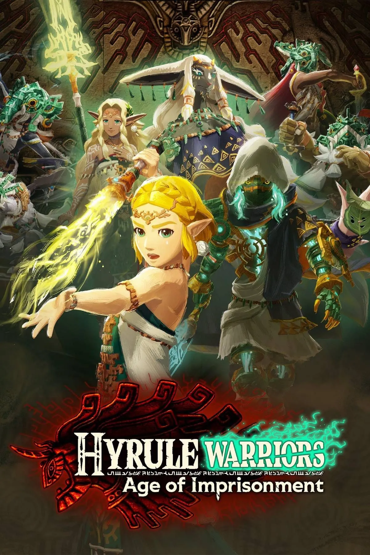 Cover art Hyrule Warriors: Age of Imprisonment với Zelda và các Sage trên chiến trường, gợi không khí tiền truyện