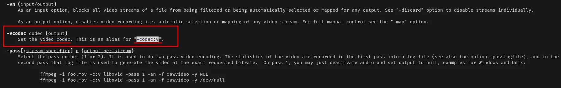 Cửa sổ terminal hiển thị man page của ffmpeg, phần -codec:v (video) được tô sáng