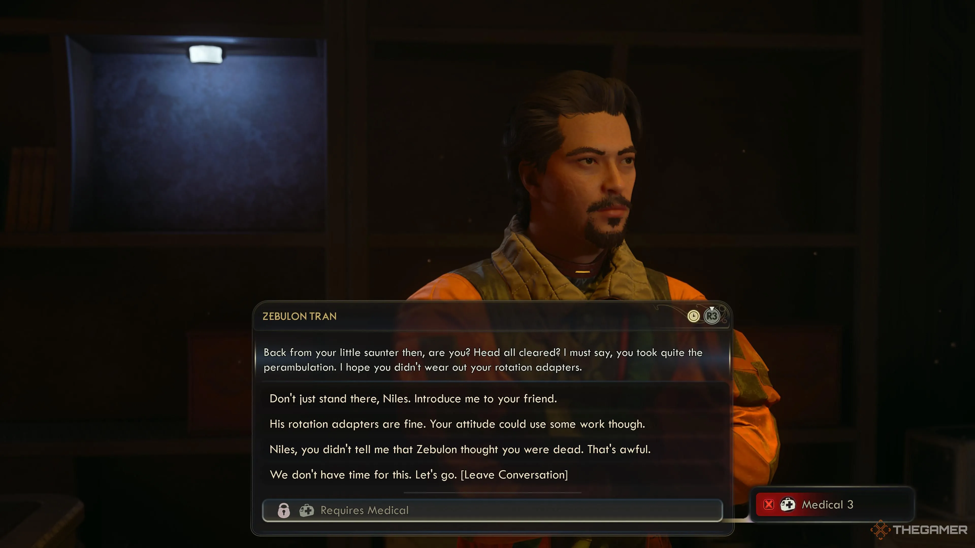Đoạn hội thoại với Zebulon trong The Outer Worlds 2, lựa chọn đối thoại ảnh hưởng mối quan hệ Niles