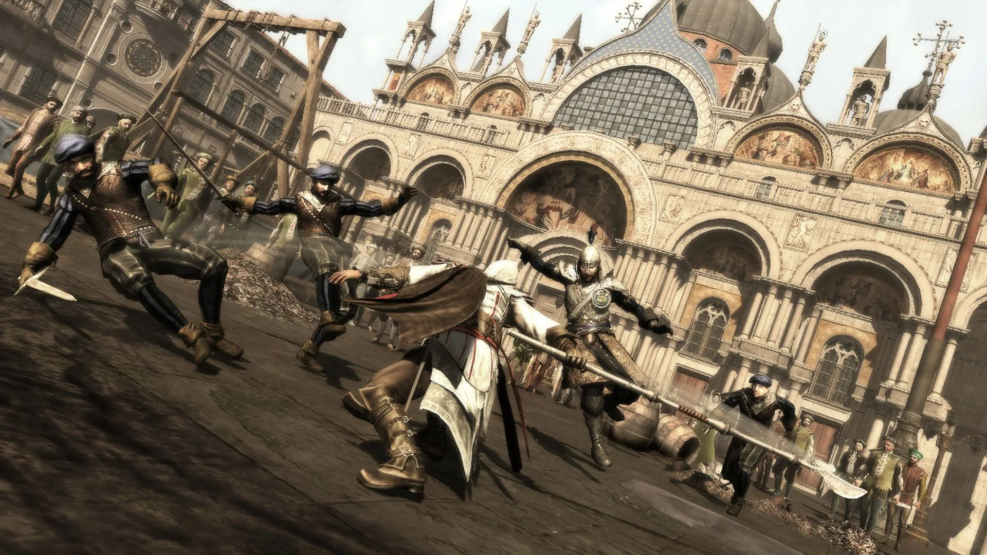 Ezio vung rìu giữa nhóm canh gác trong Assassin's Creed II, combat đòi hỏi timing và counter
