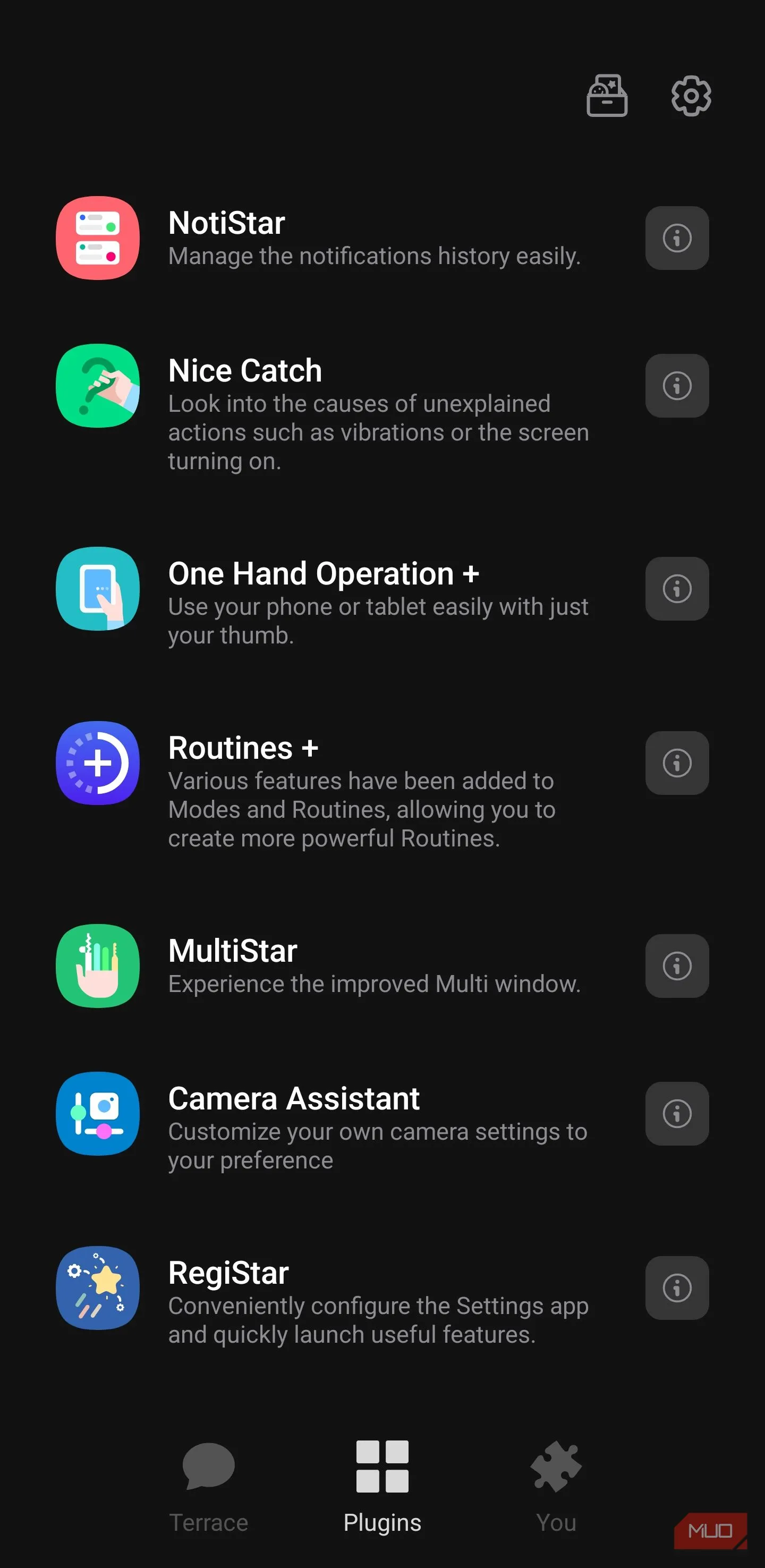Giao diện danh sách plugin Good Lock, thấy One Hand Operation + và RegiStar