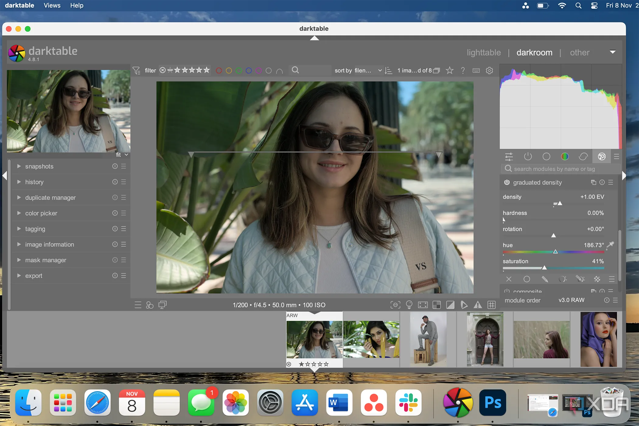 Giao diện Darktable với công cụ lọc gradient đang xử lý ảnh screenshot game để làm thumbnail