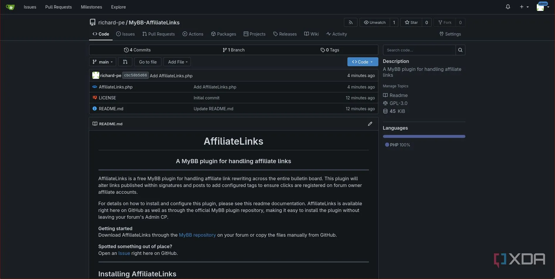 Giao diện kho lưu trữ Gitea với issue và pull request cho dự án indie