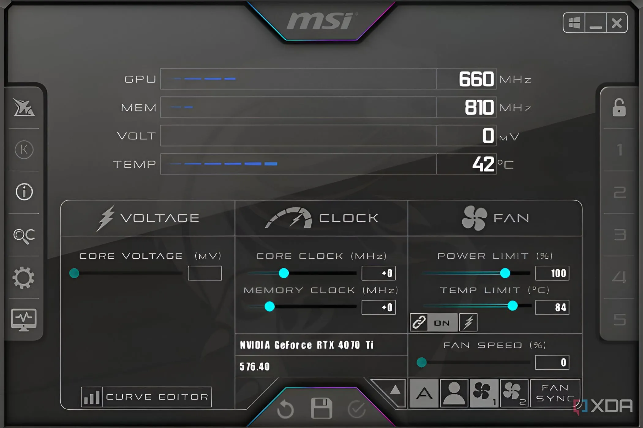 Giao diện MSI Afterburner hiển thị nhiệt độ và điện áp GPU trên Windows 11