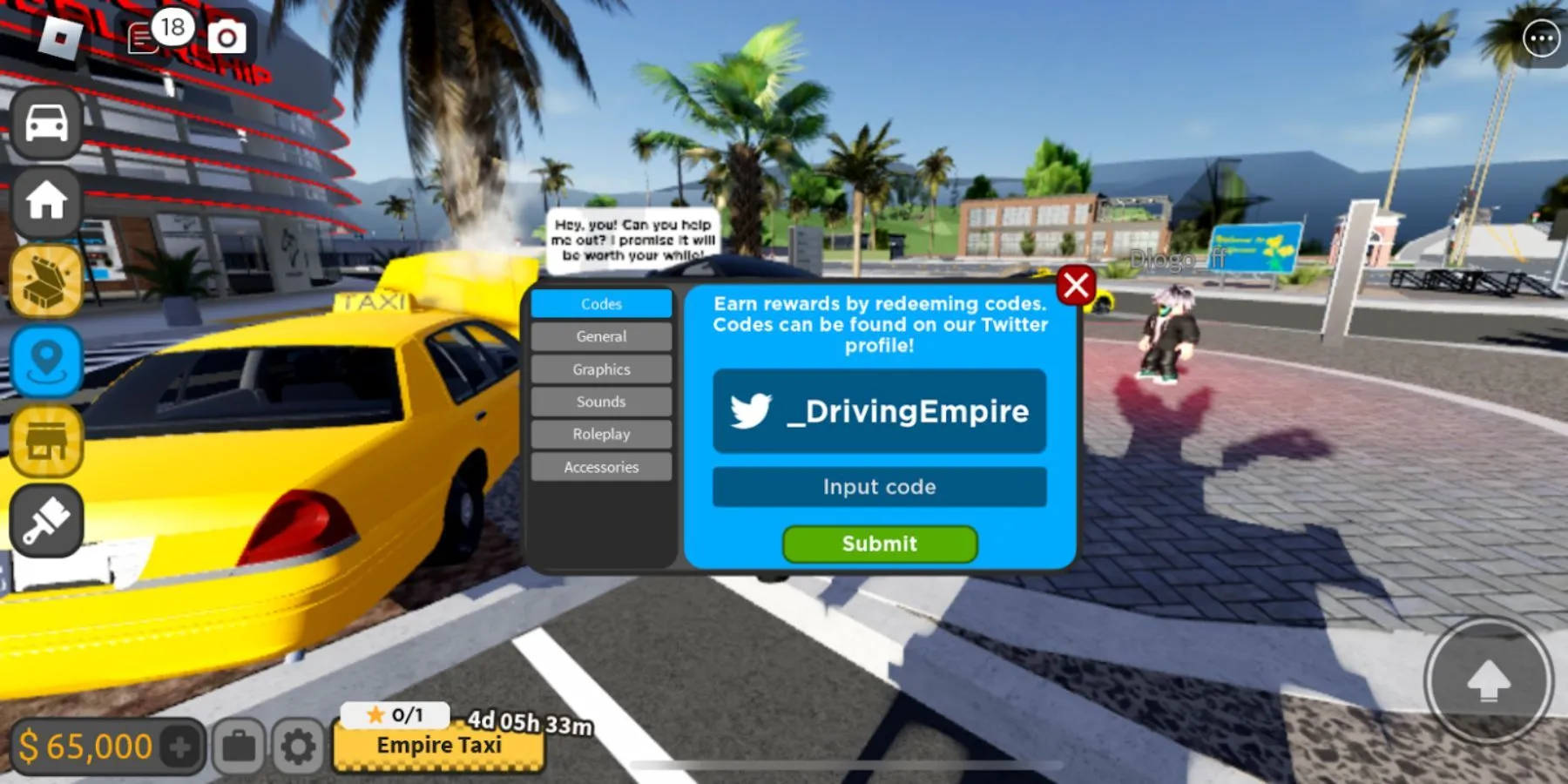 Giao diện nhập mã trong Driving Empire, hướng dẫn vị trí Settings và tab Codes
