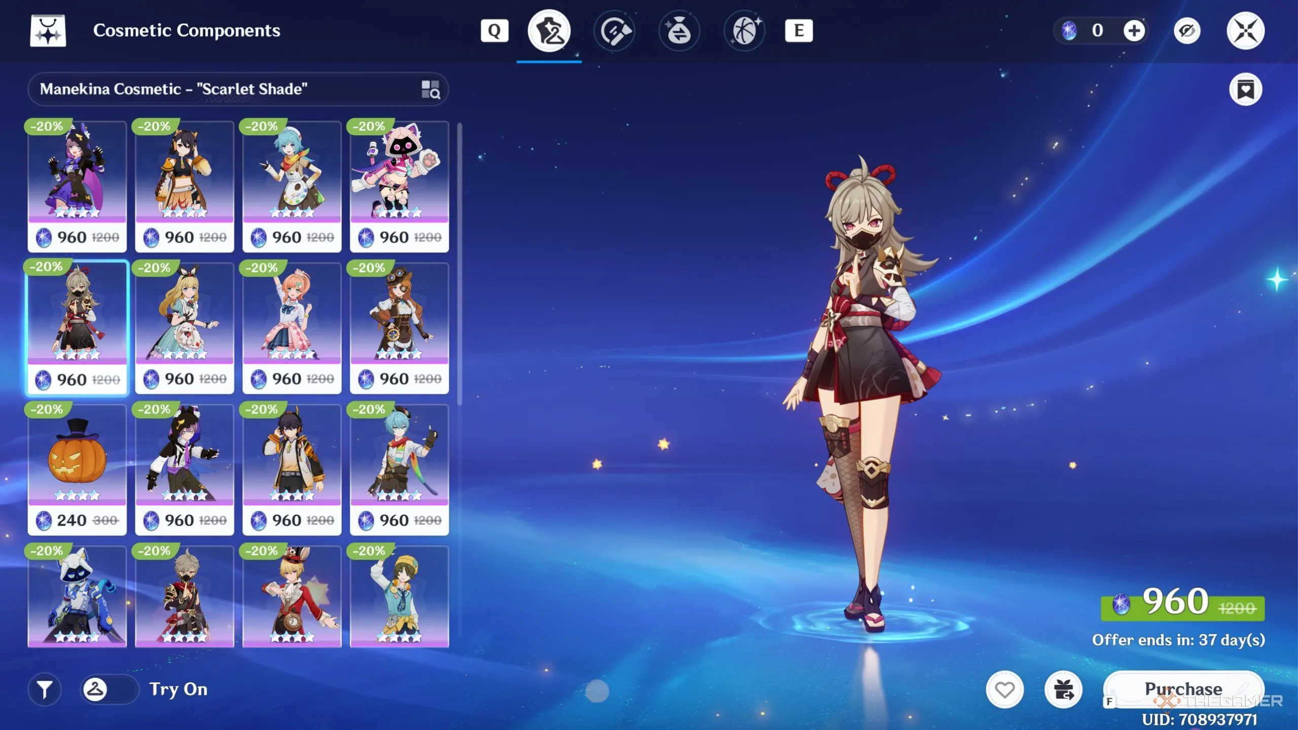 Giao diện shop trang phục Miliastra Wonderland, nơi đổi Cosmetic Components bằng Chronal Nexus