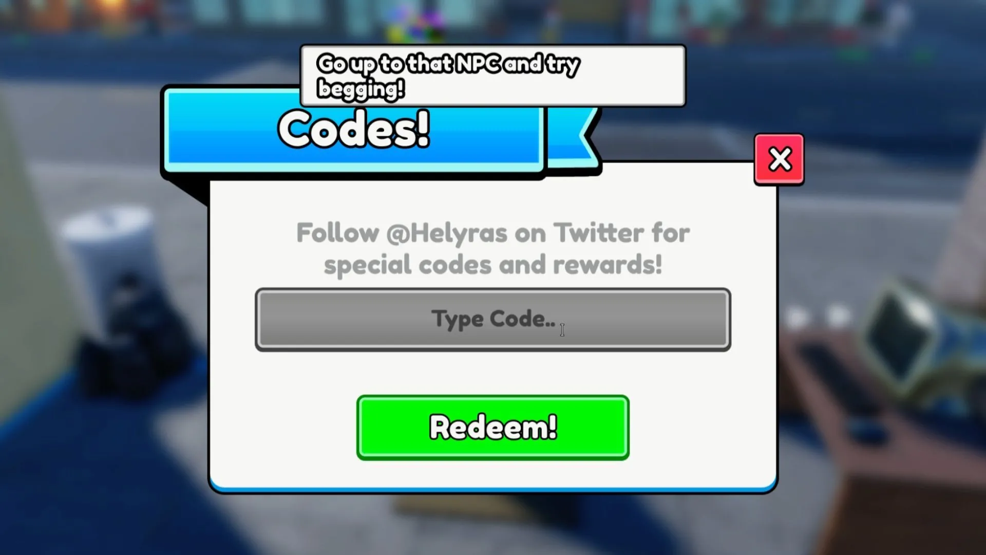 Giao diện tab Codes trong Be a Beggar, nơi nhập mã đổi thưởng