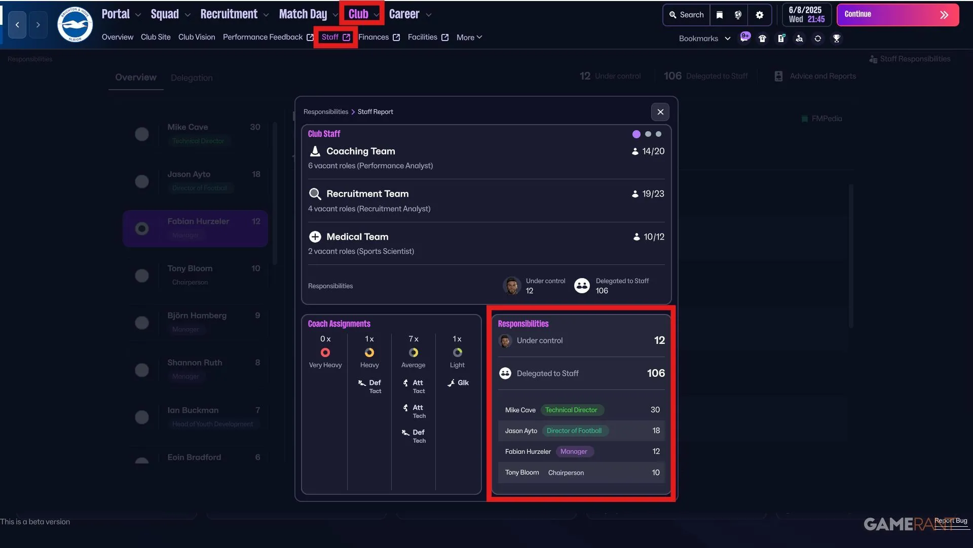 Giao diện tìm menu phân quyền trong Football Manager 26