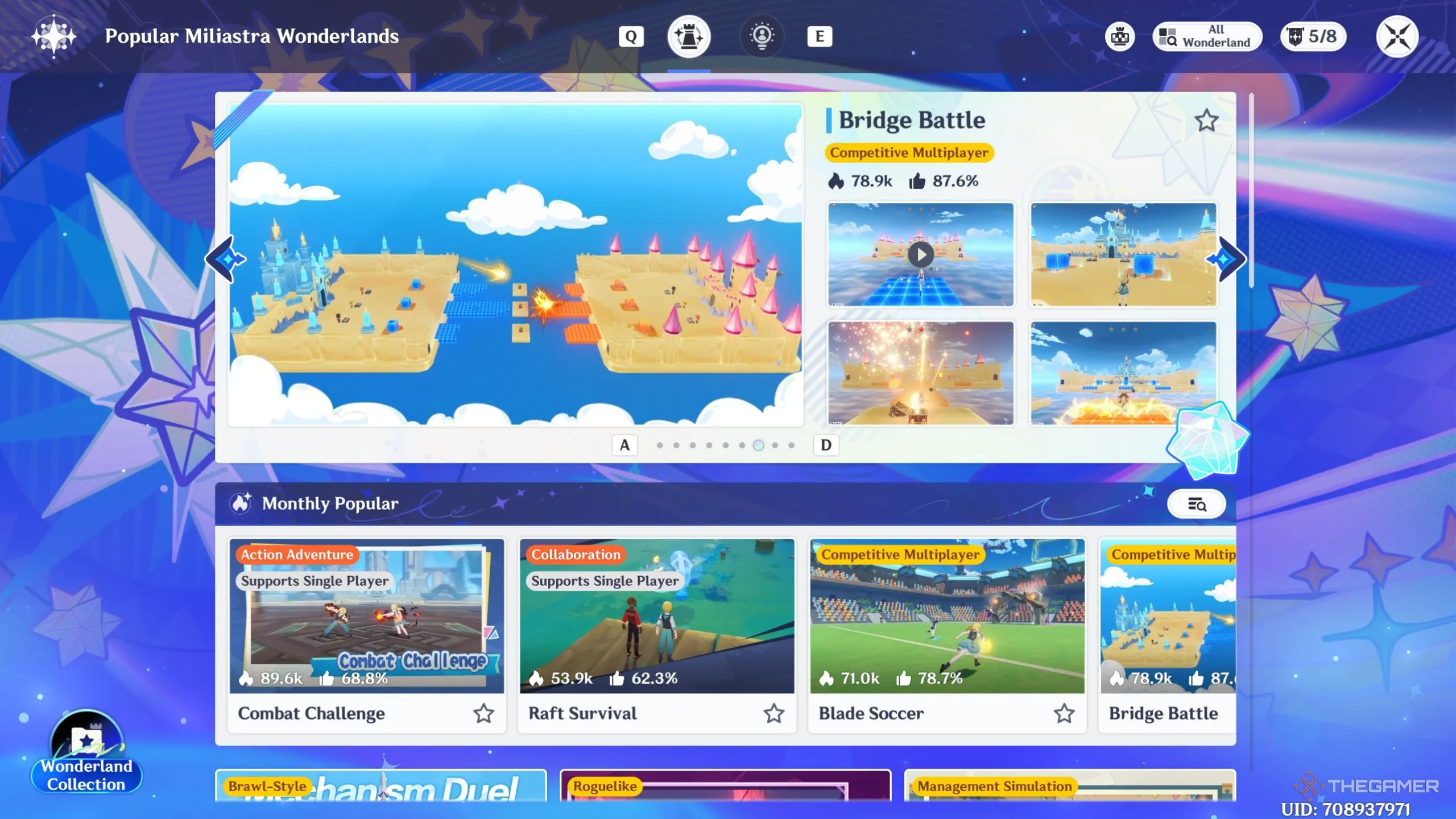 Giao diện trò chơi Miliastra Wonderland, danh sách trải nghiệm người chơi