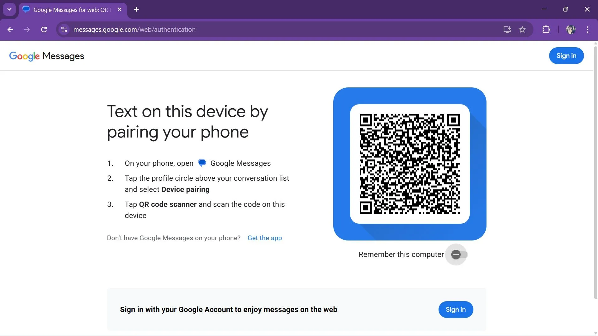 Giao diện web Google Messages với ô xác thực và mã QR để ghép đôi thiết bị