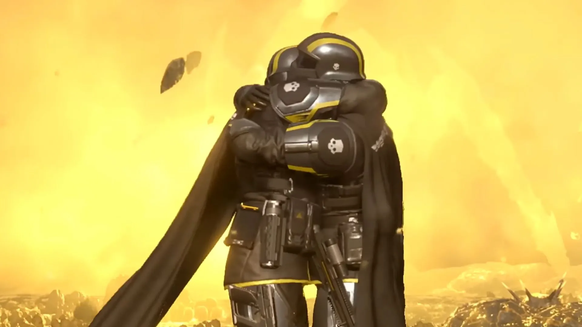 Hai nhân vật Helldivers ôm nhau trước bầu trời cam