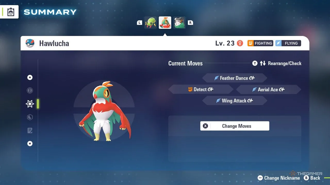 Hawlucha trong menu Pokémon Legends: Z-A, thể hiện phong cách chiến đấu linh hoạt và chiêu Aerial Ace