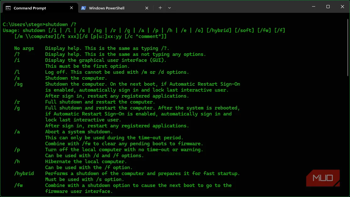 Hình minh họa lệnh shutdown trong Command Prompt để tắt hoặc khởi động lại máy