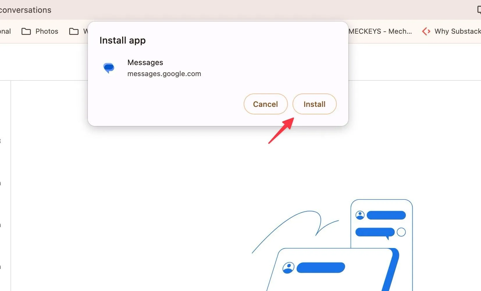Hộp thoại cài đặt ứng dụng Messages trên Chrome, nút Install được đánh dấu