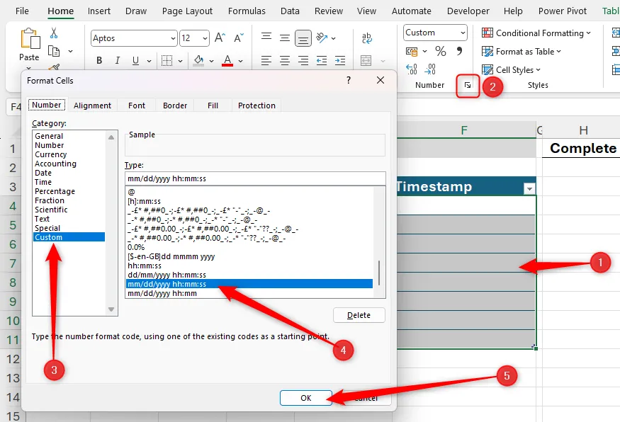 Hộp thoại Format Cells với tùy chọn custom cho ngày và giờ được chọn để định dạng timestamp.