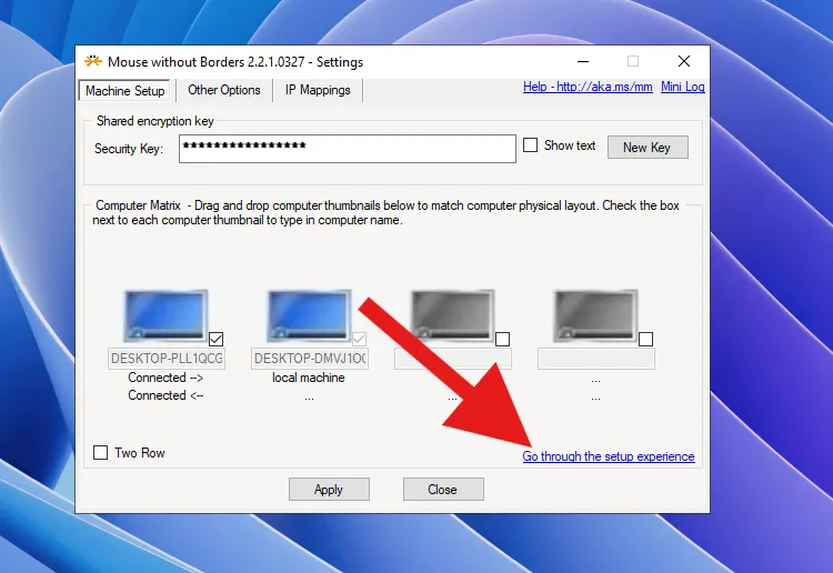 Hộp thoại khuyên khởi động lại quá trình thiết lập khi đổi mạng trong Mouse Without Borders