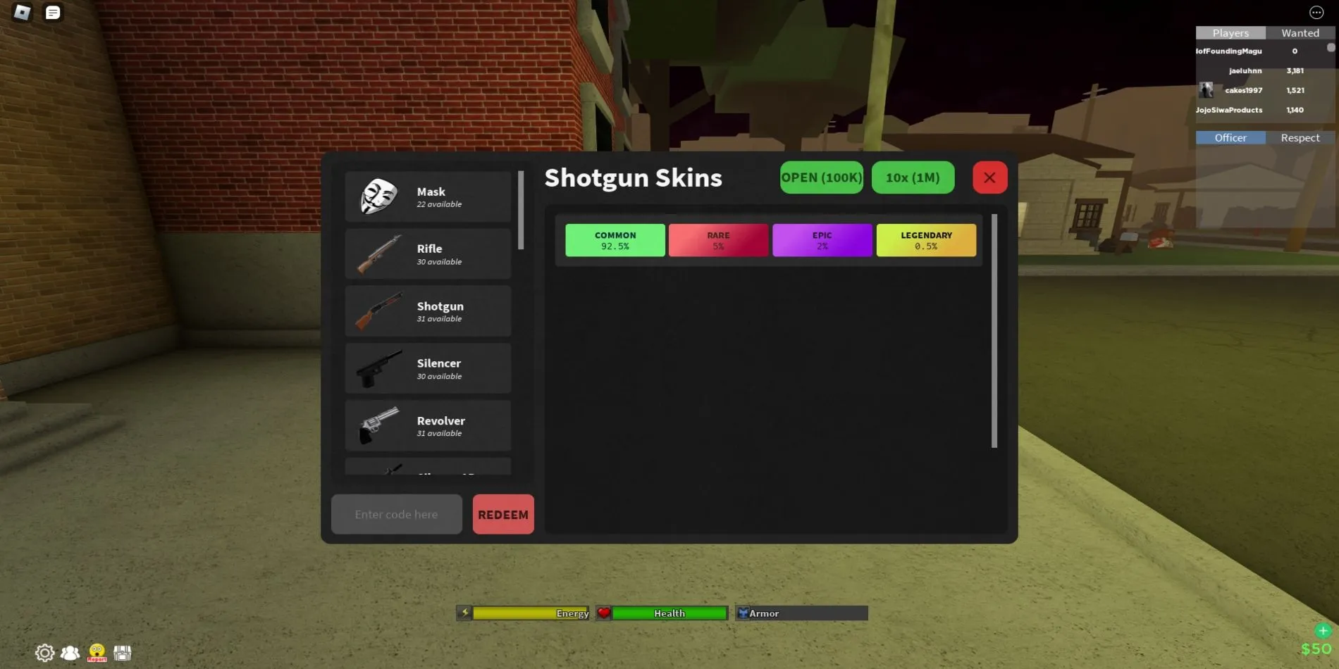 Hướng dẫn nhập mã Da Hood trên giao diện Roblox, bước nhập code trong game