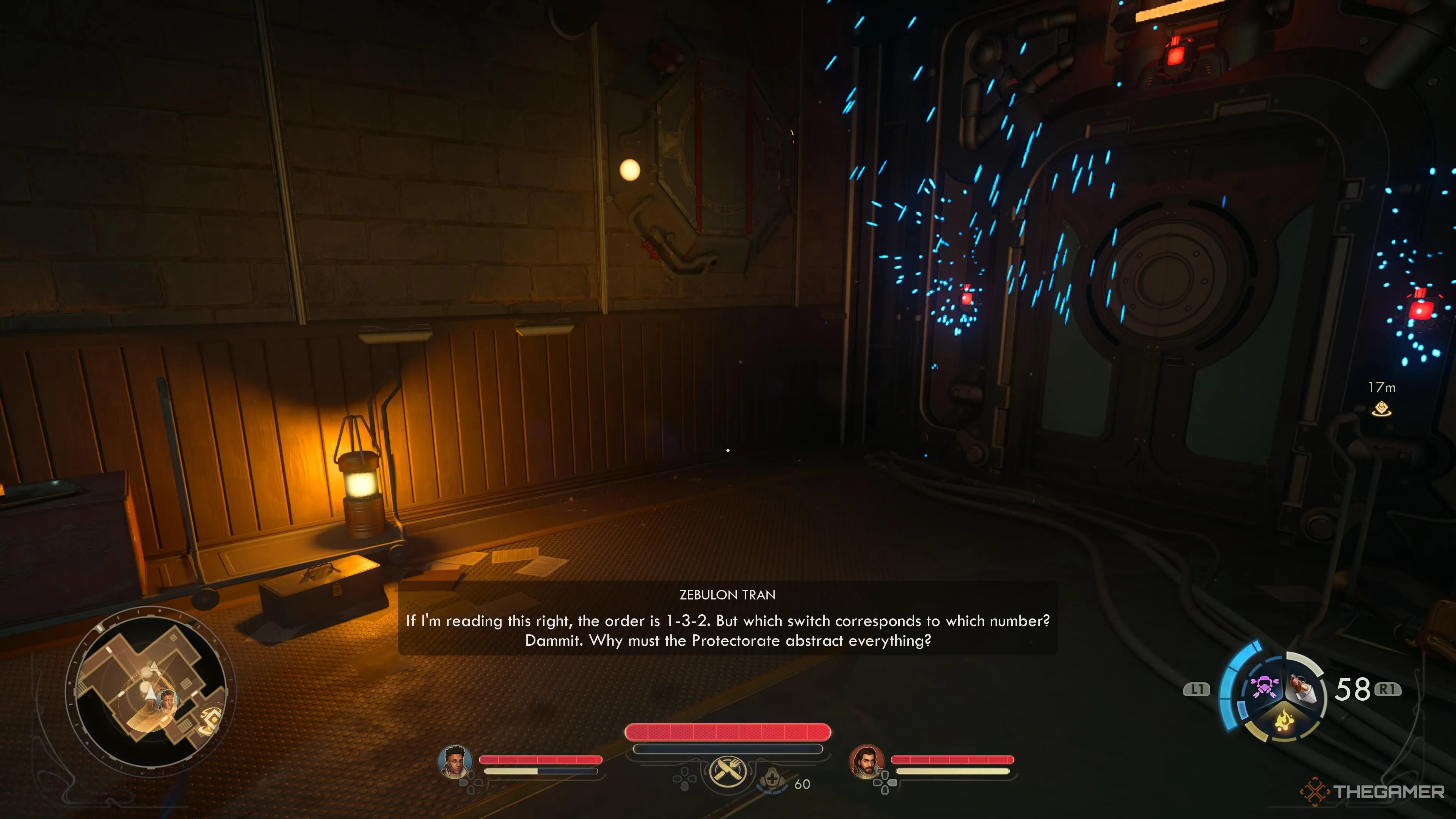 Khi giải câu đố kéo cần, Zeb chỉ ra thứ tự trong The Outer Worlds 2.