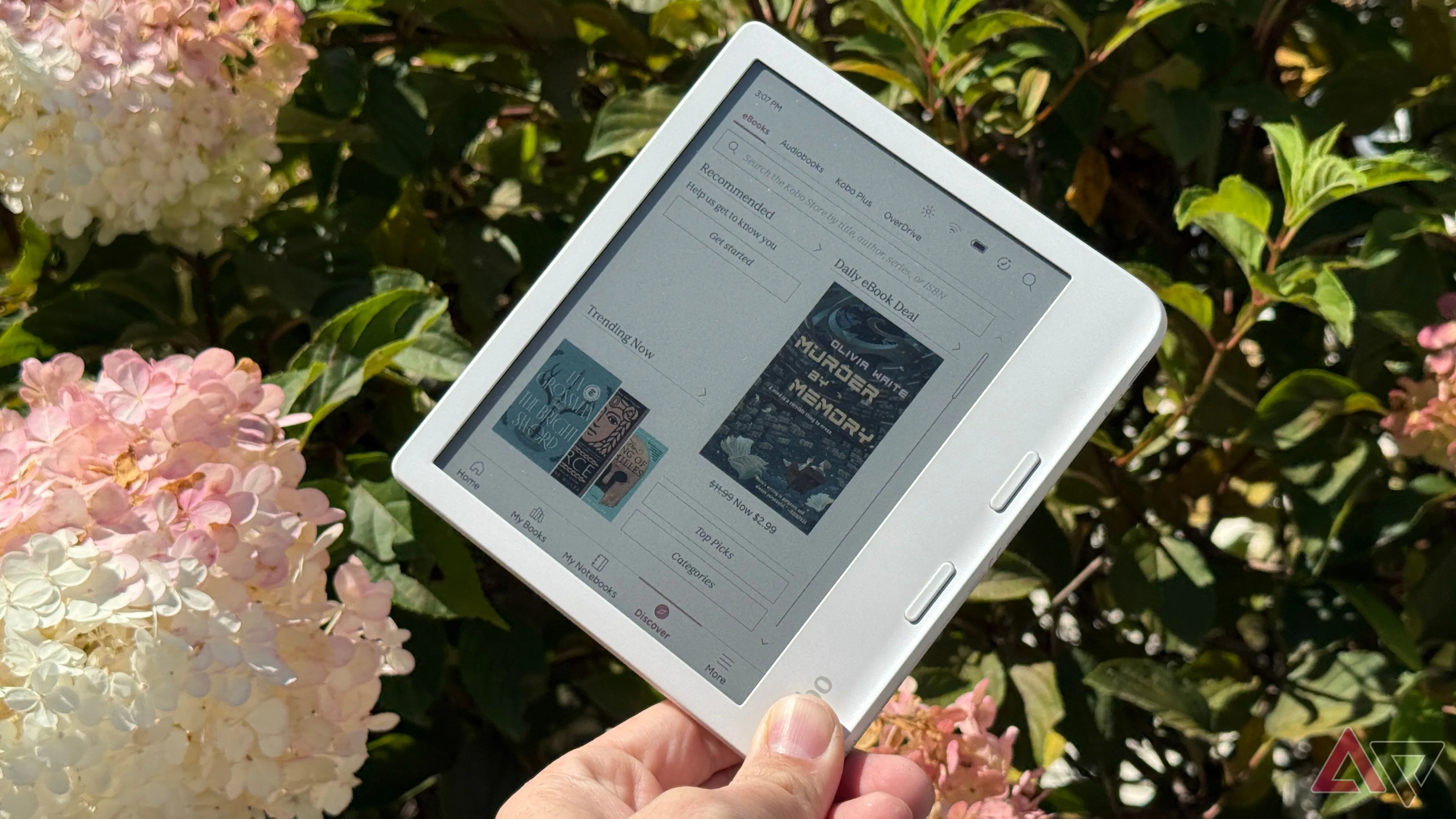 Kobo Libra Colour cầm tay bên hoa, minh họa lựa chọn e-reader thay thế điện thoại khi rảnh rỗi