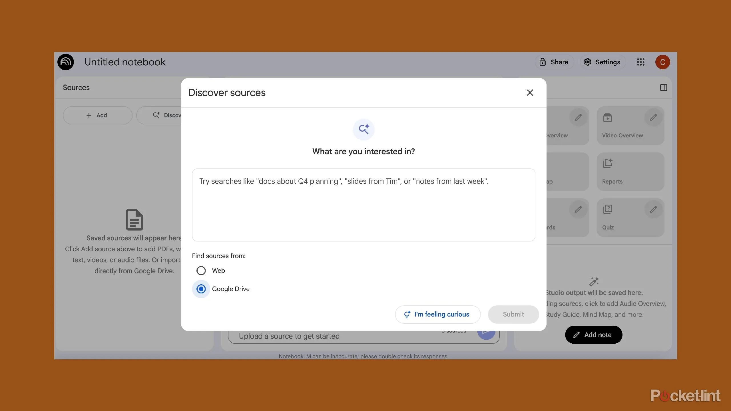 Lựa chọn Google Drive làm nguồn trong NotebookLM để tìm tài liệu dự án